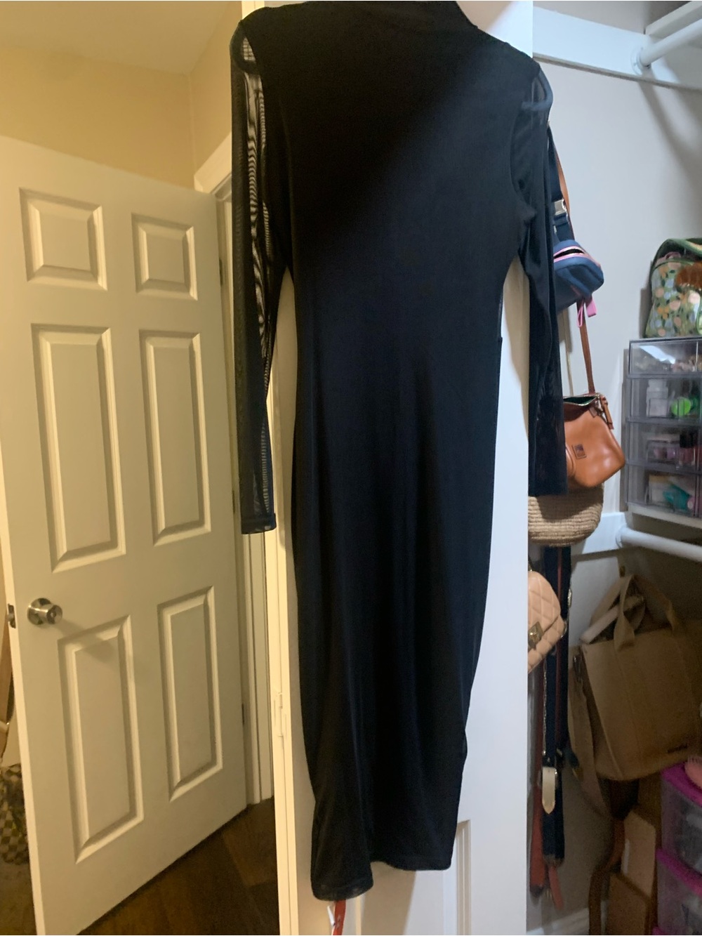 Cider Black Long Sleeve Midi Dress with Sheer Sleeve and chest Panels